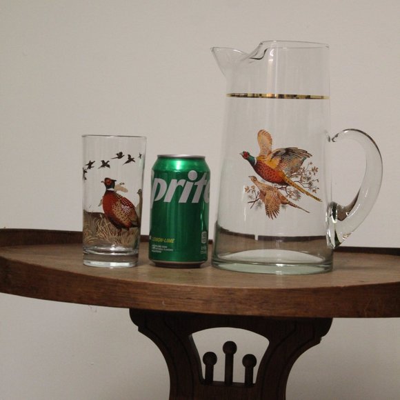 Set of 5 West Virginia Glass Vintage Pheasants In Flight 4 Glasses & 1 Pitcher - Picture 15 of 15